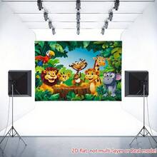 2D Flat, 1 Banner With A Background Of A Jungle Animal Party Featuring Lions, Tigers, Giraffes, Monkeys And Parrots. High-Definition Printed Jungle Scene With Green Leaves Polyester Fabric - 1pcs - View 3