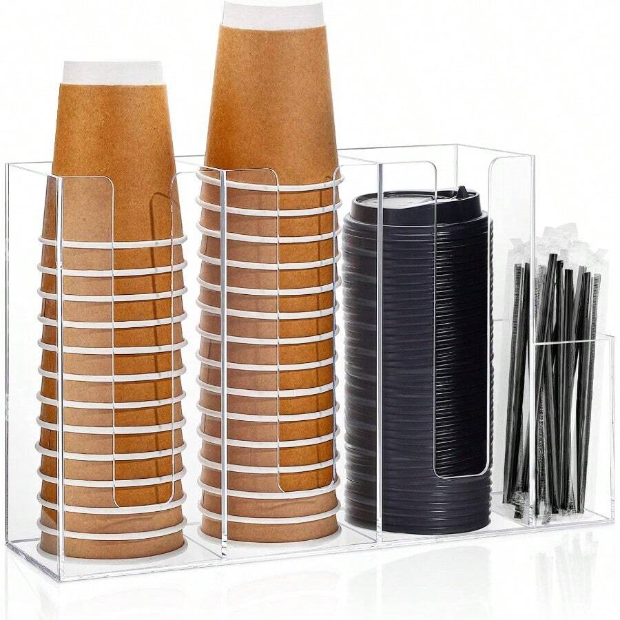 4 Compartments Acrylic Coffee Cup And Lid Storage Organizer Holder Disposable Paper Cup Dispenser Organizer Plastic Lid Holder Accories For Kitchen Bar Shop Party Plies Transparent - 透明的 - 查看 1