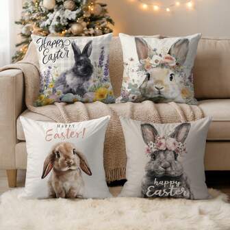 4件套复活节可爱兔子印花毛绒抱枕套，18英寸 x 18英寸，兔子和复活节彩蛋印花装饰靠垫套，适用于客厅、卧室、沙发、床、户外，不含枕芯