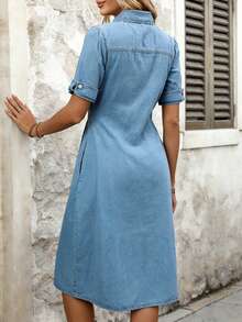 Women's Solid Color Flip Collar Waist Gathering Puff Sleeve A-Line Denim Dress,Women's Summer Dresses,Summer Outfits For Women - 中等水洗藍 - 查看 5