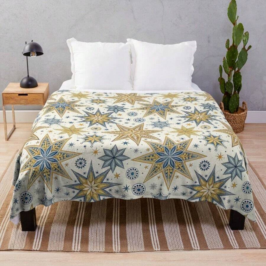 Ornate Golden And Blue Stars Seamless Pattern For Holidays. Throw Blanket - Main Image Color - View 1