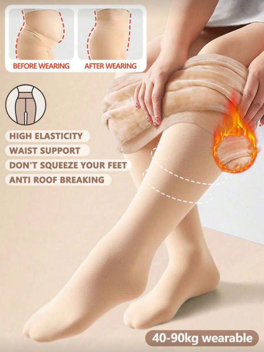 Plus Size Women High Waist Elastic Thick Warm Tights For Halloween, Winter Warm Lining Stockings, High Waist Elastic Slim Sexy Semi-Sheer Pantyhose, Comfortable And Warm - Apricot - View 1