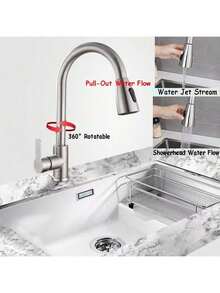 1个现代银色304不锈钢多功能水龙头，多种出水模式，适用于浴室洗手盆、阳台、洗衣房、卫生间、厨房水槽，可伸缩，适用于家庭、餐厅、酒店 - 彩色 - 查看 3