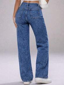Women's Jeans, Loose-Fitting Women's Straight Pants, Women's Wide-Leg Jeans, Women's Jeans With Pockets, Stretchy, Loose, Wide Legs, Universal, Casual. - Snowflake Blue - View 4
