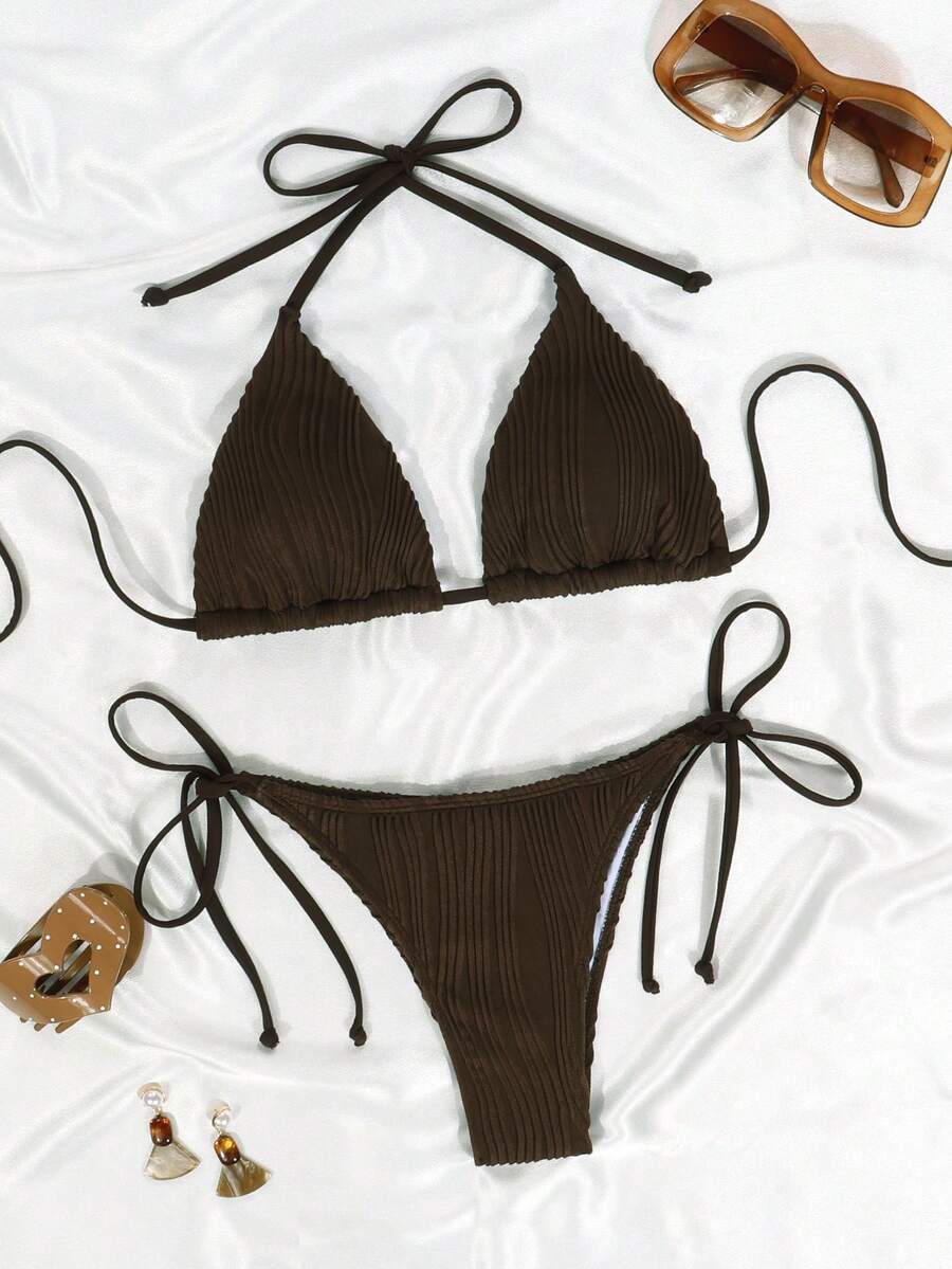 Striped Contrast Color Casual Cute Elegant Sexy Knotted Backless Tie-Up Bikini, Suitable For Stage, Concert, Holiday, Beach, Spring/Summer - Brown - View 1