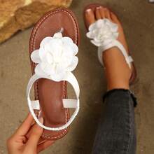 女士3D立体花卉装饰休闲沙滩百搭时尚平底凉鞋 - 白色 - 查看 1