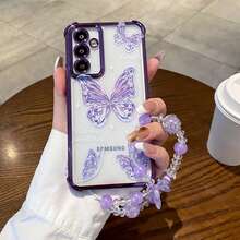 1pc Transparent Gradient Butterfly + Beaded Bracelet Lanyard, Electroplated Four-Corner Air Cushion Anti-Drop/Thick Transparent TPU Protective Case Suitable For Galaxy, SAM/Honor/Note15pro/S23 Ultra/S24 Ultra/S25/S26A56 Vivo Moto 15T/15TPRO PIXEL - Purple - View 1