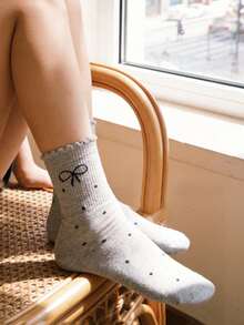 1/4 Pair Women Polka Dot Bow Mid-Calf Socks - Soft Comfortable Casual Socks, Suitable For Daily Wear, Spring/Summer, College Style - Multicolor - View 5