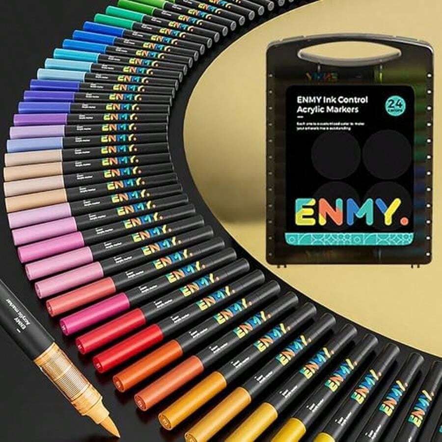 ENMY Marcadores Creativos de Pintura Acrílica, Marcadores Acrílicos a Base de Agua, Punta Pincel, Plumones acrilico Líquida, para madera, piedra, lienzo, vidrio, tela (24 Colores) - 24 Colores - Ver 1