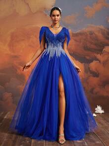 VIPGIRL Sequin Embellished Elegant Mesh Maxi Evening Gown, Navy Blue High Slit Formal Dress - Royal Blue - View 3