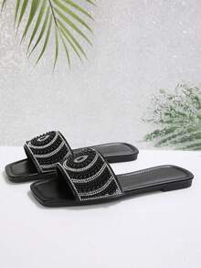 Plus Size Women Flat Sandals, Vacation Style Casual Versatile Rhinestone Decor Slides - Black - View 4