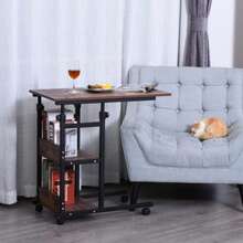 HOMCOM Side Table On Wheels, Height Adjustable Coffee Table, 80 X 40 X 72-82 Cm, Black Metal, 2 Shelves For Living Room And Office. - Camel - View 2