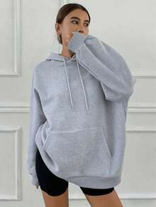 Women's Casual Pullover Sweatshirt - Lightweight Loose Hoodie With Kangaroo Pocket, Soft Long Sleeve Solid Color Hooded Top, Comfortable All-Season Wear For Spring,Women's Lightweight Casual Hoodie - Soft Long Sleeve Pullover With Drawstring Hood & Front Pockets, Relaxed Fit Solid Color Sweatshirt, Perfect Spring Everyday Essential - 灰色 - 查看 1