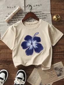 Tween Girls' Casual Apricot Colored Graphic Print Crew Neck Short Sleeve T-Shirt, Summer Top - Apricot - View 4