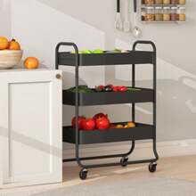 Kitchen Trolley, 3 Baskets, 4 Wheels, Metal, Black