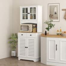 Kitchen Cabinet With Glass Doors, 2 Drawers, Sideboard, Dining Room Cabinet, Wood, 68 X 39.5 X 170 Cm, White - White - View 2