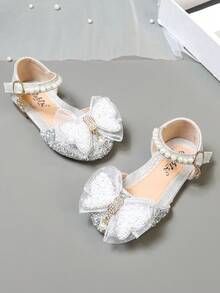 1 Pair Girls' Princess Bow Rhinestone Sweet Casual Sandals, Versatile Flat Slip-On Beach Shoes, Suitable For Toddler, Little, Big Kids, Spring/Summer/Autumn - Silver - View 6