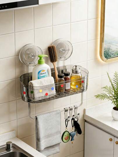 1pc Kitchen Storage Rack, Transparent Wall-Mounted Organizer Rack, Suction Cup Style No-Drill Storage Rack, Can Hold Cleaning Brushes, Cloths, Spice Bottles, Dish Soap Etc., Suitable For Smooth Seamless Walls - Easy To Wash And Suction Firmly