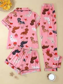 3 piezas Conjunto de ropa de dormir para mujer, camisa de manga corta, pantalones cortos y pantalones, bata con botones, ropa de estar por casa casual con estampado de perro salchicha, cómoda y holgada, adecuada para todas las estaciones, ideal para regalar - Rosa - Ver 2