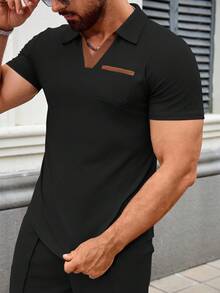 男士休闲套装，户外百搭高端男士华夫格领短袖口袋上衣和纯色长裤两件套 - 黑色 - 查看 3