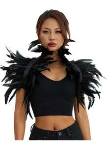 女士哥特式黑色羽毛披肩斗篷，复古乌鸦角色扮演配饰，万圣节天鹅女巫服装，波西米亚风格时尚配饰 - 彩色 - 查看 6