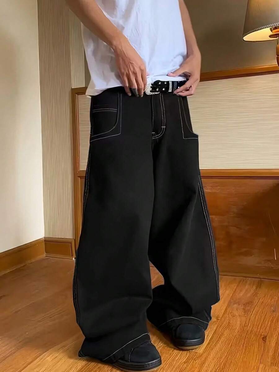 宽松牛仔裤，大口袋设计，阔腿宽松，街头风，Y2K嘻哈休闲时尚男士宽松牛仔裤，刺绣图案 - 黑色 - 查看 1