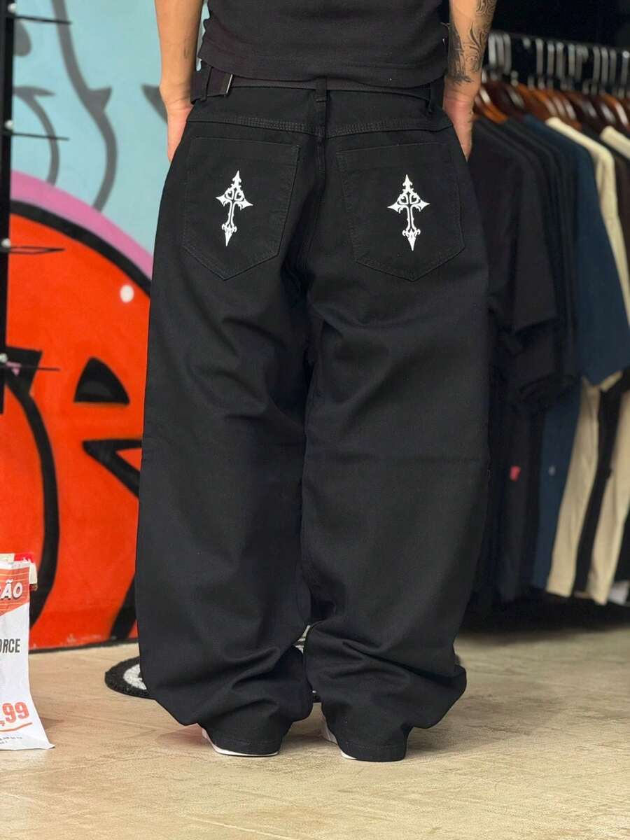 Black Baggy Jeans With Cross Hip Hop Style, Street Skate, New Release, On . - màu đen - Xem 1