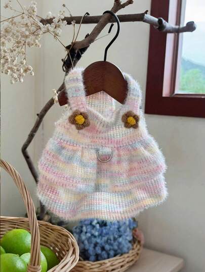 粉彩彩虹小狗连衣裙，毛茸茸的针织毛衣裙，带D形环可系牵引绳，可爱花朵装饰，适合小型、中型犬猫穿着，保暖冬季宠物服装