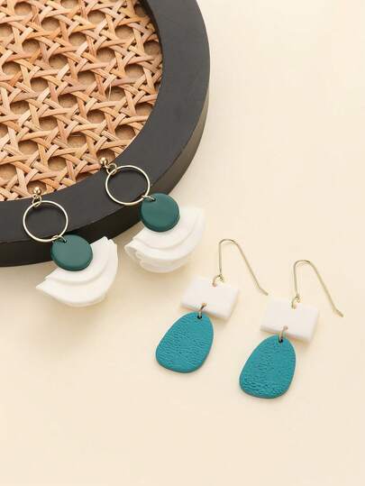 1 Pair Romantic Fashion Dangle Hook Polymer Clay And Metal Drop Earrings With Teal White Contrast Color Layered Petal Texture Oval Geometric Design Multi Shapes Earrings For Women Office Casual Brunch Date Wear And Simple Fashion Lovers Accessories