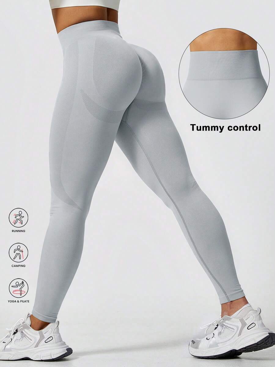 1pc Women's Fashionable Solid Color Ribbed Leggings For Hiking & Sports - Silver - View 1