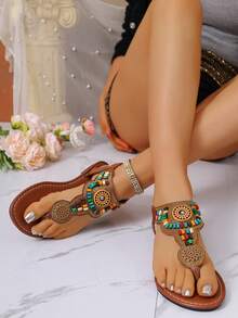 Women's Flat Sandals, Retro French Style Thick Bottom Sandals For Summer, Thong Sandals For Beach, Comfortable Soft Bottom Casual Sandals, High-End Strap Buckle Sandals, Fashionable Versatile Bohemian Flat Sandals, Brown Thong Sandals - Brown - View 8