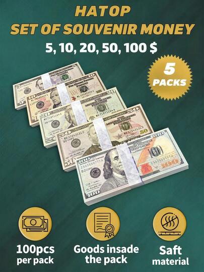 20个纸盘，每包100美元；1包20张常规尺寸的Pro.P Mo.Ney纸币（1/2/5/10/20/50/100），5/10/20/50/100；Pro.P Mo.Ney纸币可用于新年装饰、情人节花束、节日礼物、派对道具等。