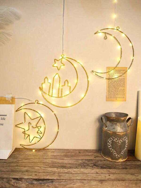 1pc Warm Light Moon With Dual Stars Multi-Style Iron Ring LED Decorative Light, Moon, Moon With Star, Moon With Dual Stars, Moon With Candle Stars, With Flashing Function, Like Twinkling Night Sky, Suitable For Holiday Decor, Bedroom, Wedding Party, Festival Lighting (Batteries Not Included)