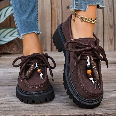 Thick Sole Comfortable Lace-Up Retro Women Casual Shoes, Work Shoes, Loafers, Sneakers, Suitable For Indoor Wear