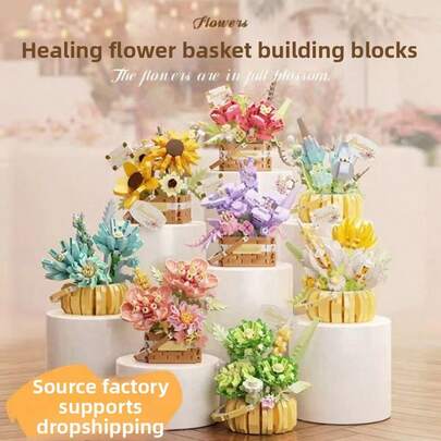1pc DIY Creative Puzzle Eternal Flower Basket, Includes Roses, Sunflowers, Violets, Tulips, Carnations, Chrysanthemums, Hibiscus, Romantic Floral Potted Plant Decor, Birthday/Halloween/Christmas Gift