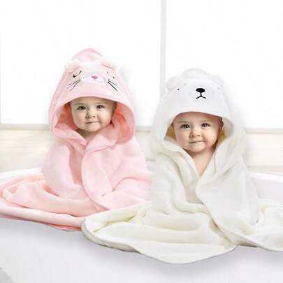 1件/2件婴儿连帽浴袍套装，男女通用动物图案婴儿披肩，柔软珊瑚绒卡通婴儿洗浴用品，四季皆宜