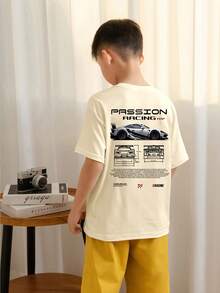 男孩和青少年休闲图案印花圆领短袖 T 恤、夏季上衣 - 杏色 - 查看 2