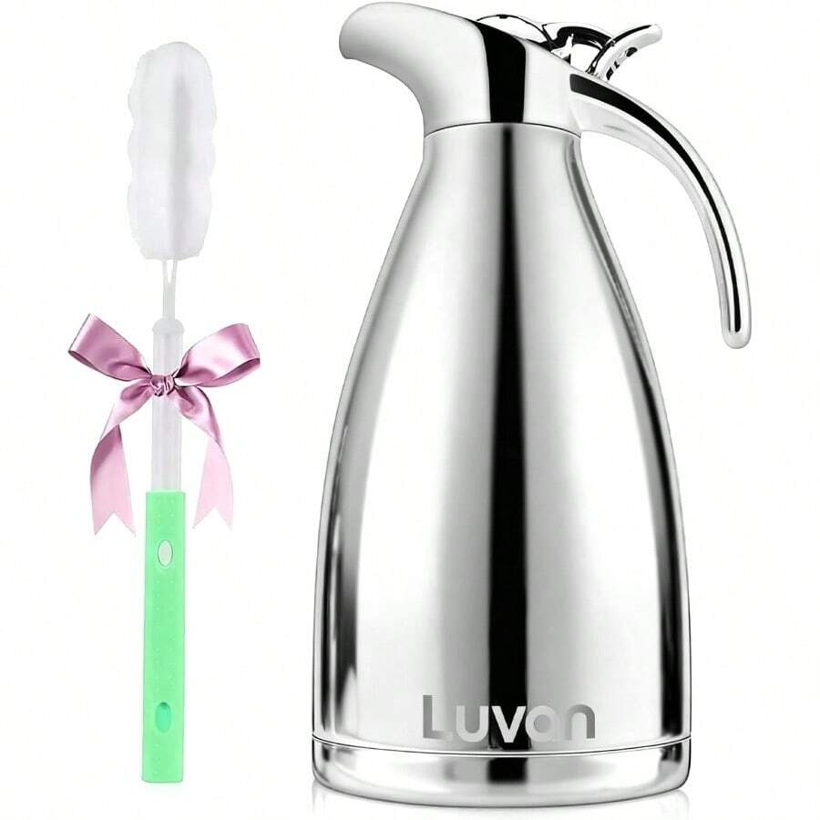Luvan Cafetera Térmica 2 L Jarra Térmica para Café de Acero Inoxidable Tetera y Termo para Agua Caliente con Cepillo Doble Pared de Vacío Mantiene Caliente/Conserva Frío hasta 12 Horas - Plata - Ver 1