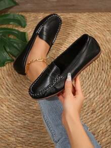 2026春季新款女士时尚平底鞋，简约休闲软底舒适纯色女士工作鞋 - 黑色 - 查看 3