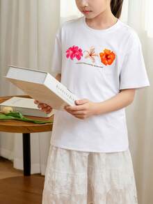 Tween Girls' Casual Printed White Crew Neck Short Sleeve T-Shirt, Summer Top - White - View 2