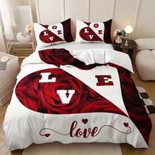 3pcs Heart & Rose Print Duvet Cover Set, Breathable 100% Polyester Bedding, Zipper Closure, Machine Washable, Digital Printed Duvet Cover & 2 Pillow Shams (No Filling) - Suitable For Bedroom & Dorm Decor, All Seasons - Hot Pink - View 1