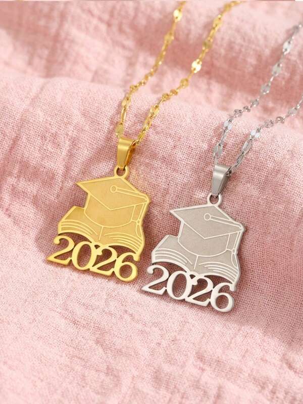 1pc Sandblasted Book Graduation Cap For The Year 2026 Necklace Stainless Steel Gold Color Sandblasted Necklace For Boys Girls Classmates Friends Graduation Gift Back To School