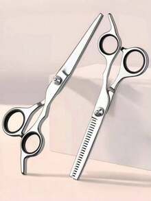 1 Pair Flat Scissors + 1 Pair Toothed Scissors Set. 2pcs Professional Unisex Hair Cutting Shears, Suitable For Left Or Right Hand, Thinning Shears For Soft Curly Hair, Fragrance-Free Haircut Set With Storage, Suitable For Men And Women - Multicolor - View 1