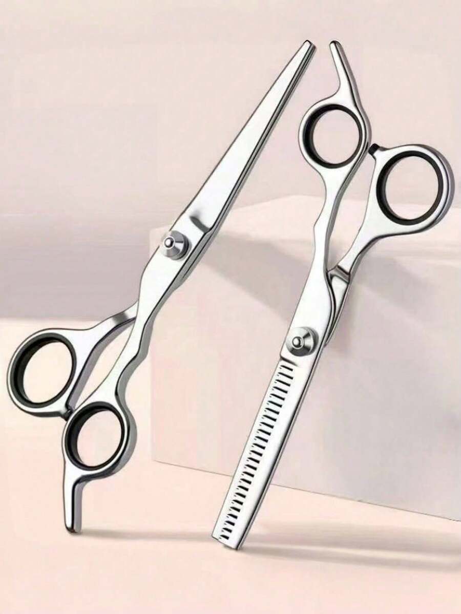 1 Pair Flat Scissors + 1 Pair Toothed Scissors Set. 2pcs Professional Unisex Hair Cutting Shears, Suitable For Left Or Right Hand, Thinning Shears For Soft Curly Hair, Fragrance-Free Haircut Set With Storage, Suitable For Men And Women - Multicolor - View 1