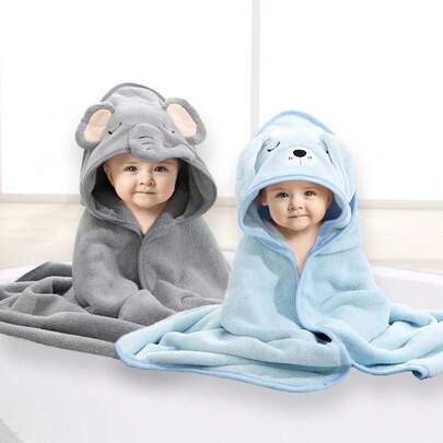 1pc/2pcs Baby Hooded Bathrobe Set, Unisex Animal Pattern Baby Shawl, Soft Coral Fleece Cartoon Baby Bath Supplies, Suitable For All Seasons