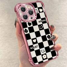 1pcs Black and White Checkerboard  Heart Flower Phone Case Compatible with Apple Phone17ProMax 16 15 14Plus 11 12 13 ProMax Antidrop Phone Case Camera Protection Phone Case Funky Girlish Style Popular Cute Funny Can Be Given To Friends Can Be Given To A Lover - Rosa - Ver 3