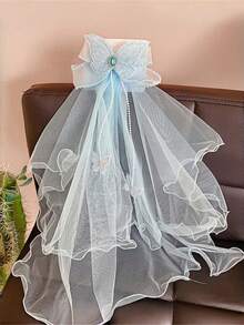 1个女童薄纱蝴蝶结发夹，公主面纱头饰，飘逸丝带马尾夹发饰 - 彩色 - 查看 8