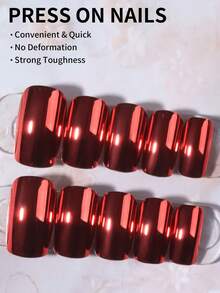 24片/套 Y2K风格魔幻酒红色金属铬闪亮按压式美甲贴片，短款方形全息酒红色美人鱼镜面闪粉珍珠极光人造假指甲，包含1片果冻胶和1个指甲锉，易于佩戴，打造闪亮指尖，适合派对、舞蹈和日常佩戴。 - 彩色 - 查看 2