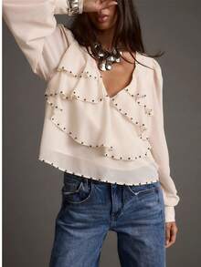 Áo kiểu tay dài cổ chữ V bèo nhún, màu trơn, đính hạt ngọc trai giả, phong cách thường ngày, thích hợp cho mùa xuân. - Ngà voi - Xem 5