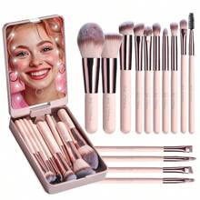 Makeup Brushes Foundation Powder Concealers Eye Shadows Makeup Set With LED Light Mirror 14 Pcs Mini Makeup Brushes APINK - BlackWhitePink - View 2